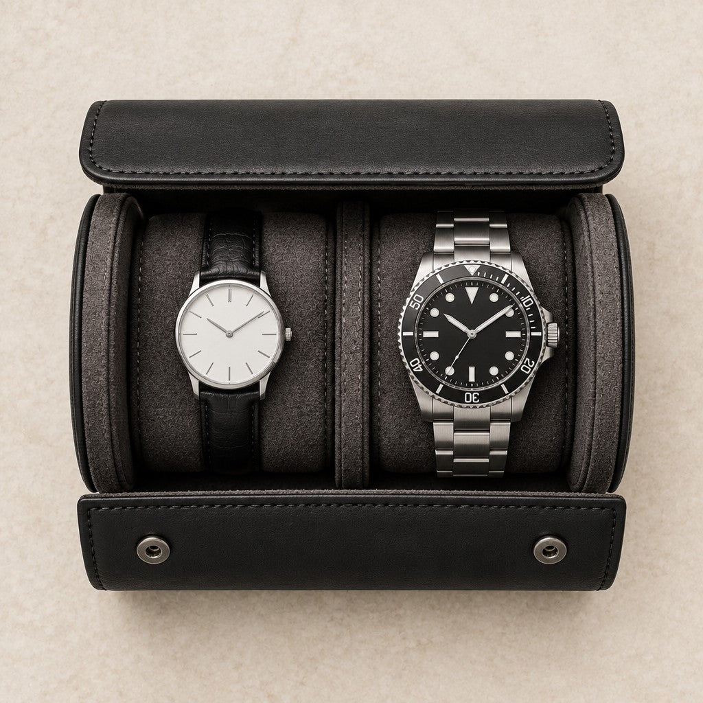 Top view of the 2-watch roll with a 36 mm and a 42 mm watch