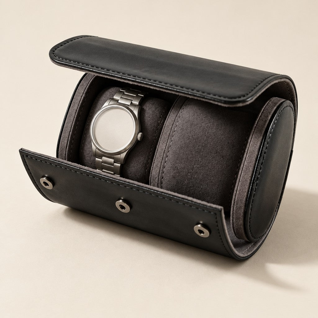 Black leather 2-watch travel roll open, a watch on one of the two gray pillows