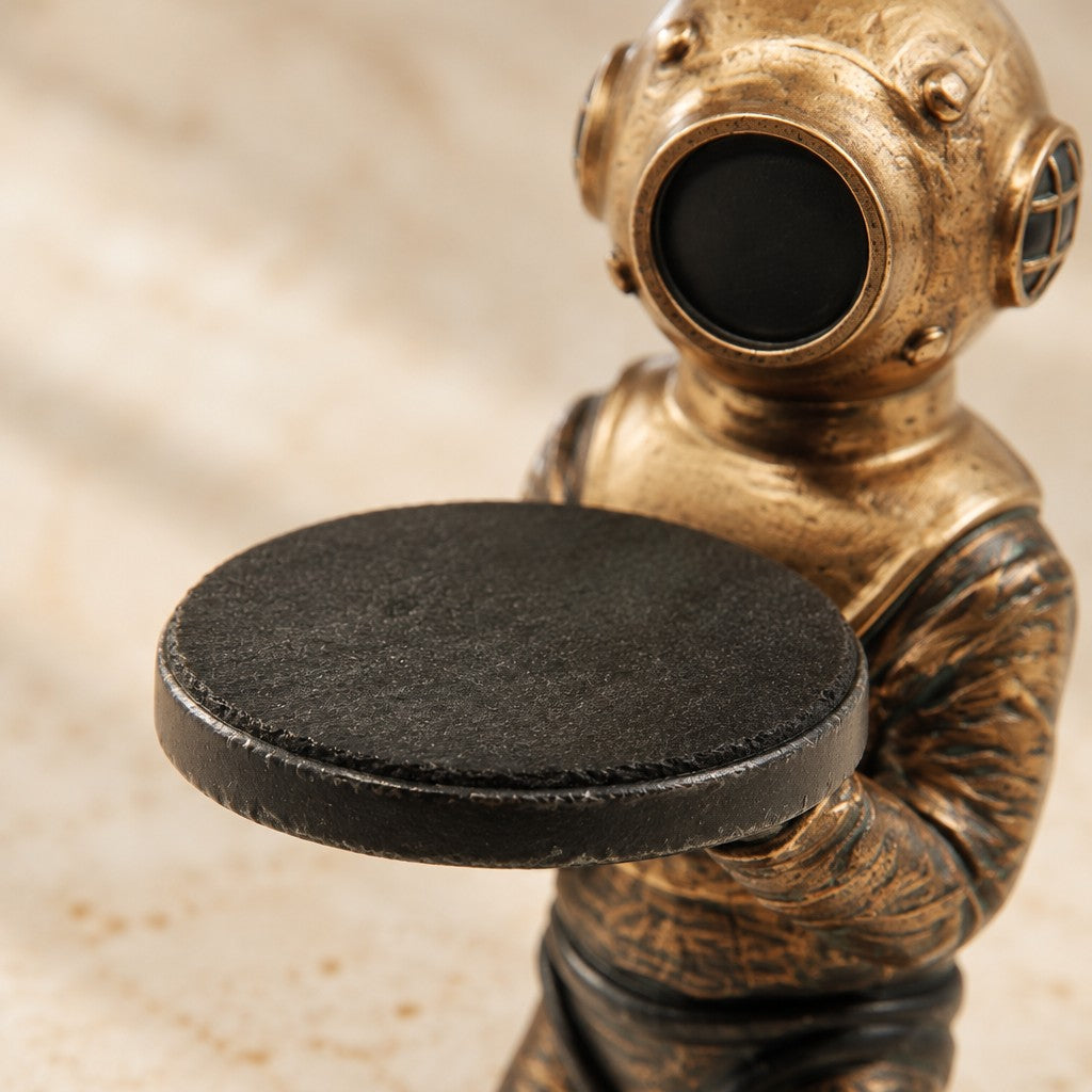 Close-up of the diver watch stand materials and finish