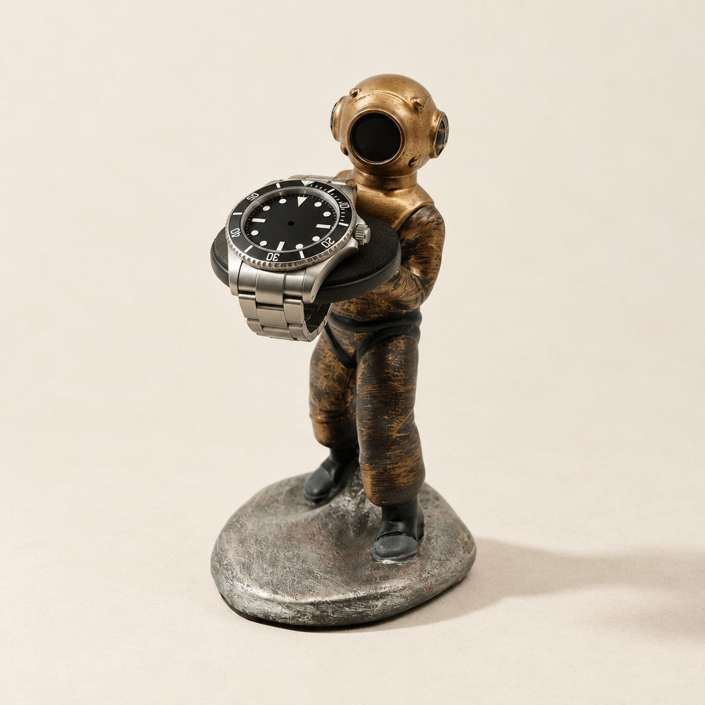Diver watch stand with a watch, three-quarter view