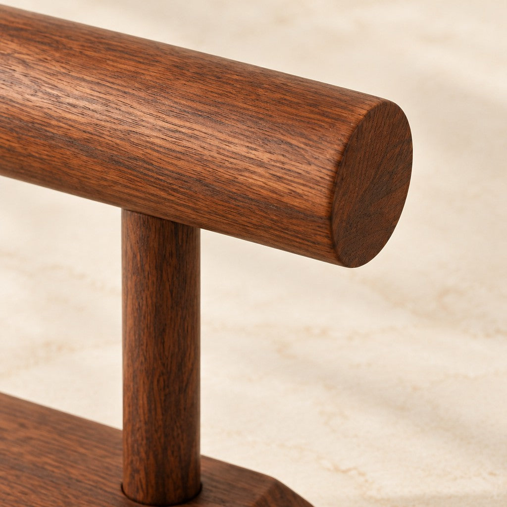 Close-up of the walnut-tone wood bars and base
