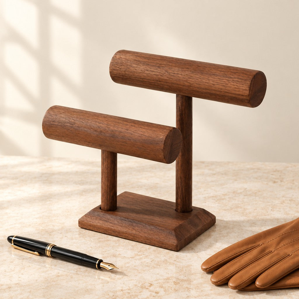 Double T-bar wooden stand beside a fountain pen and leather gloves