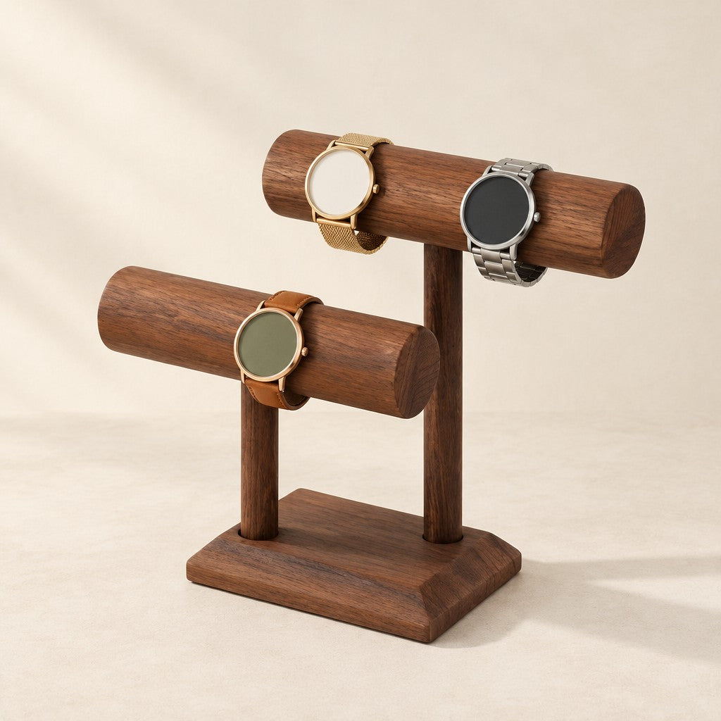 Double T-bar walnut-tone watch stand with three watches