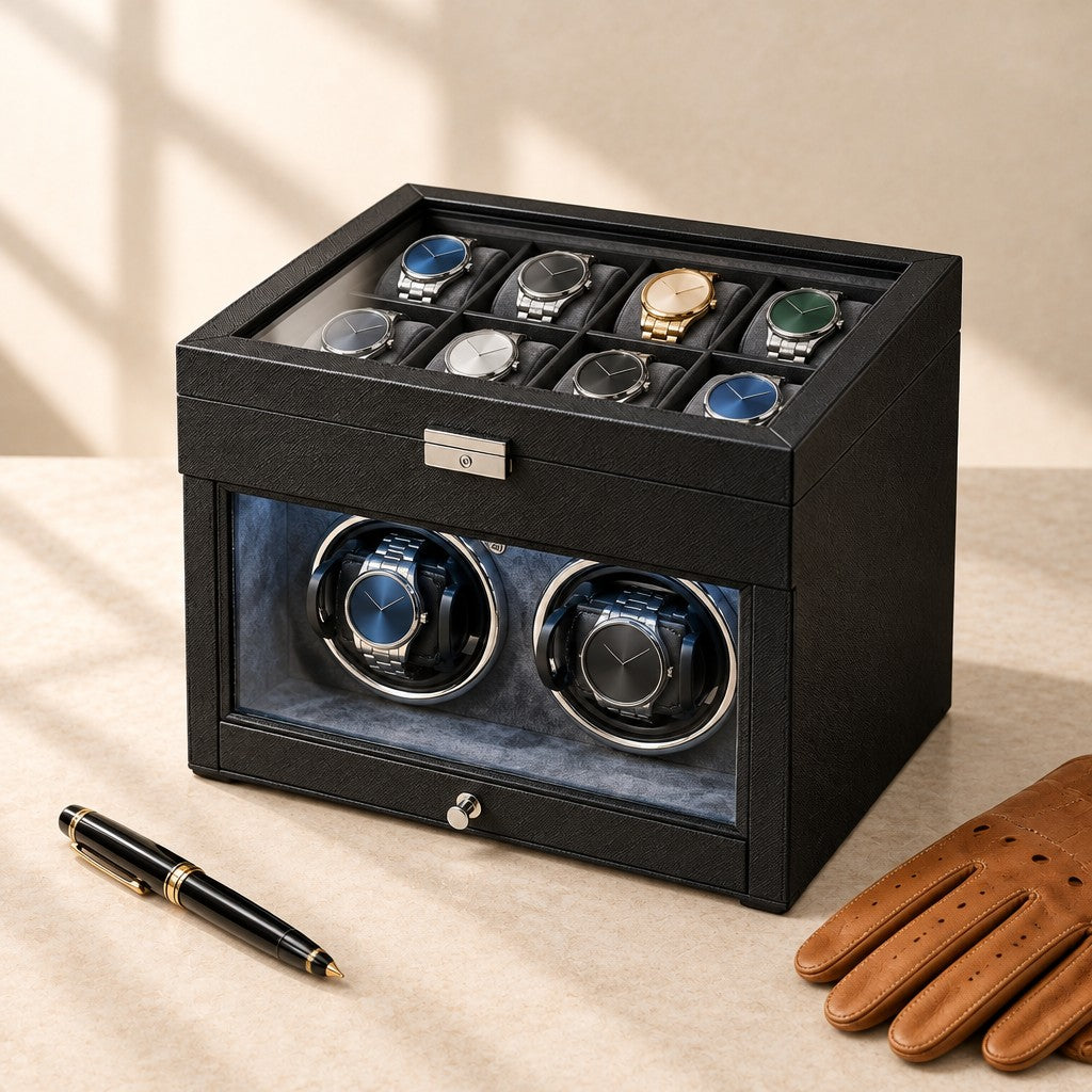 Two-tier winder box beside a fountain pen and leather gloves
