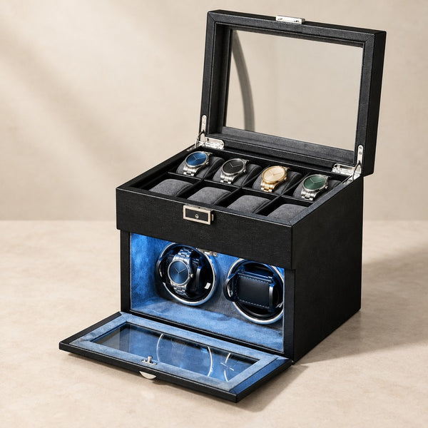 Double Watch Winder with 8-Slot Storage Tier - US Plug