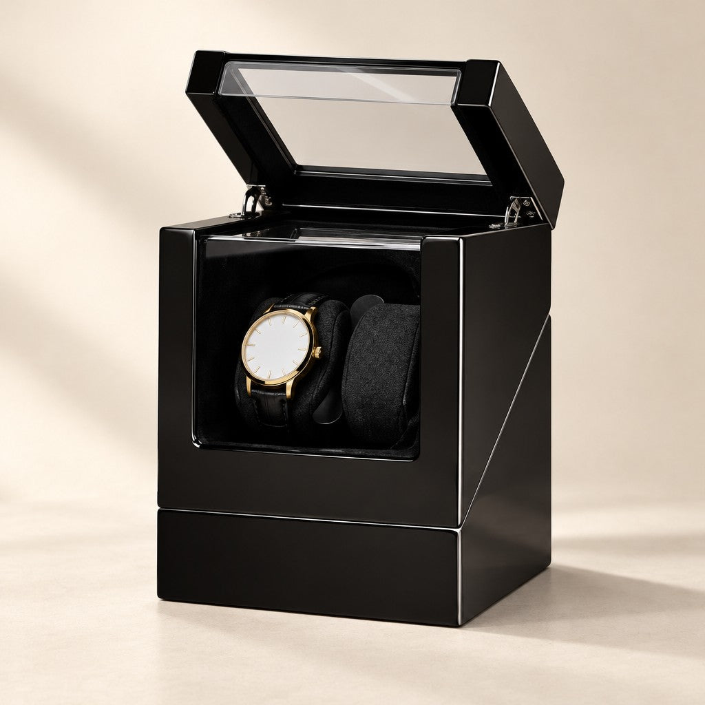 Black gloss double watch winder with the lid open and a watch on one of its two pillows
