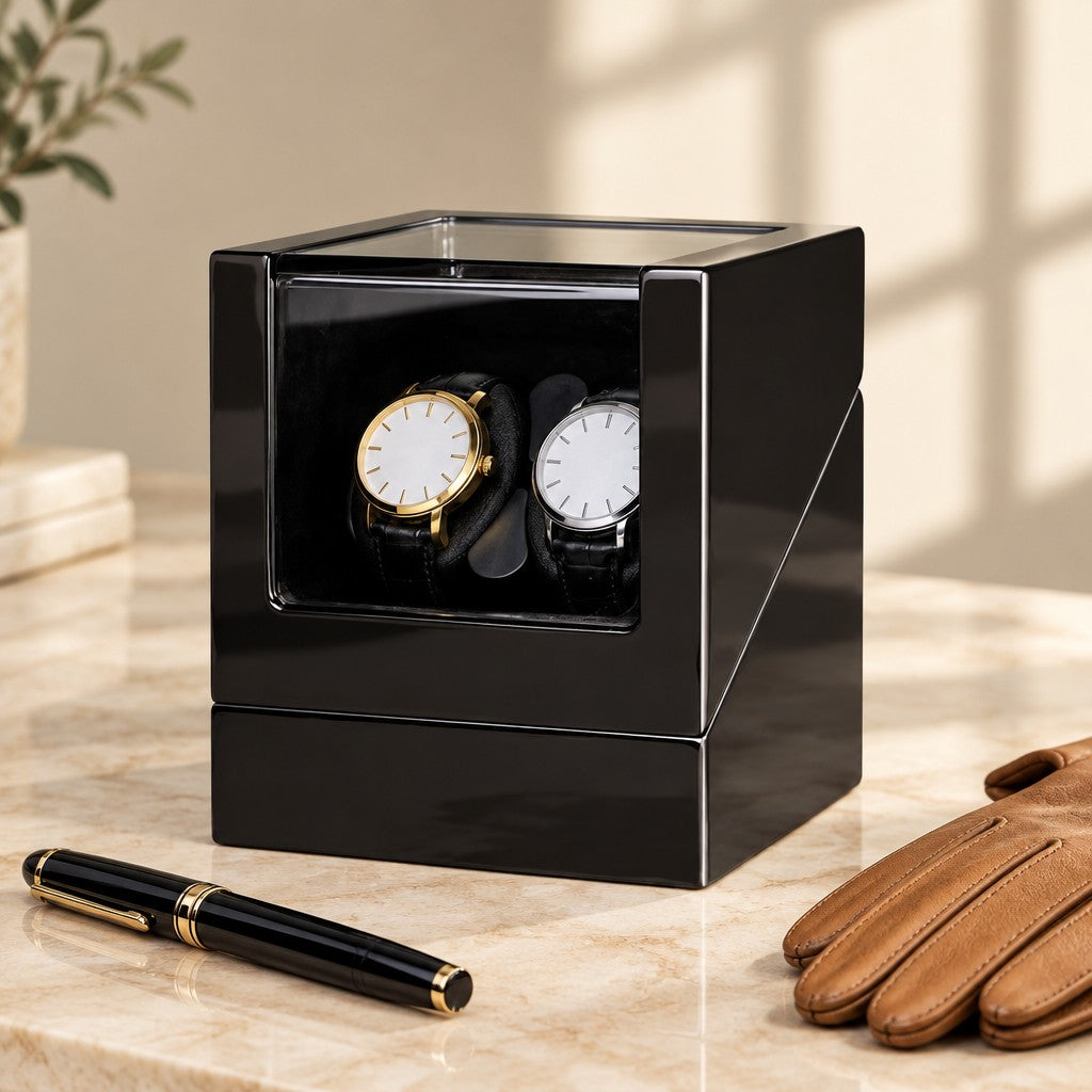 Black double watch winder closed, beside a fountain pen and leather gloves