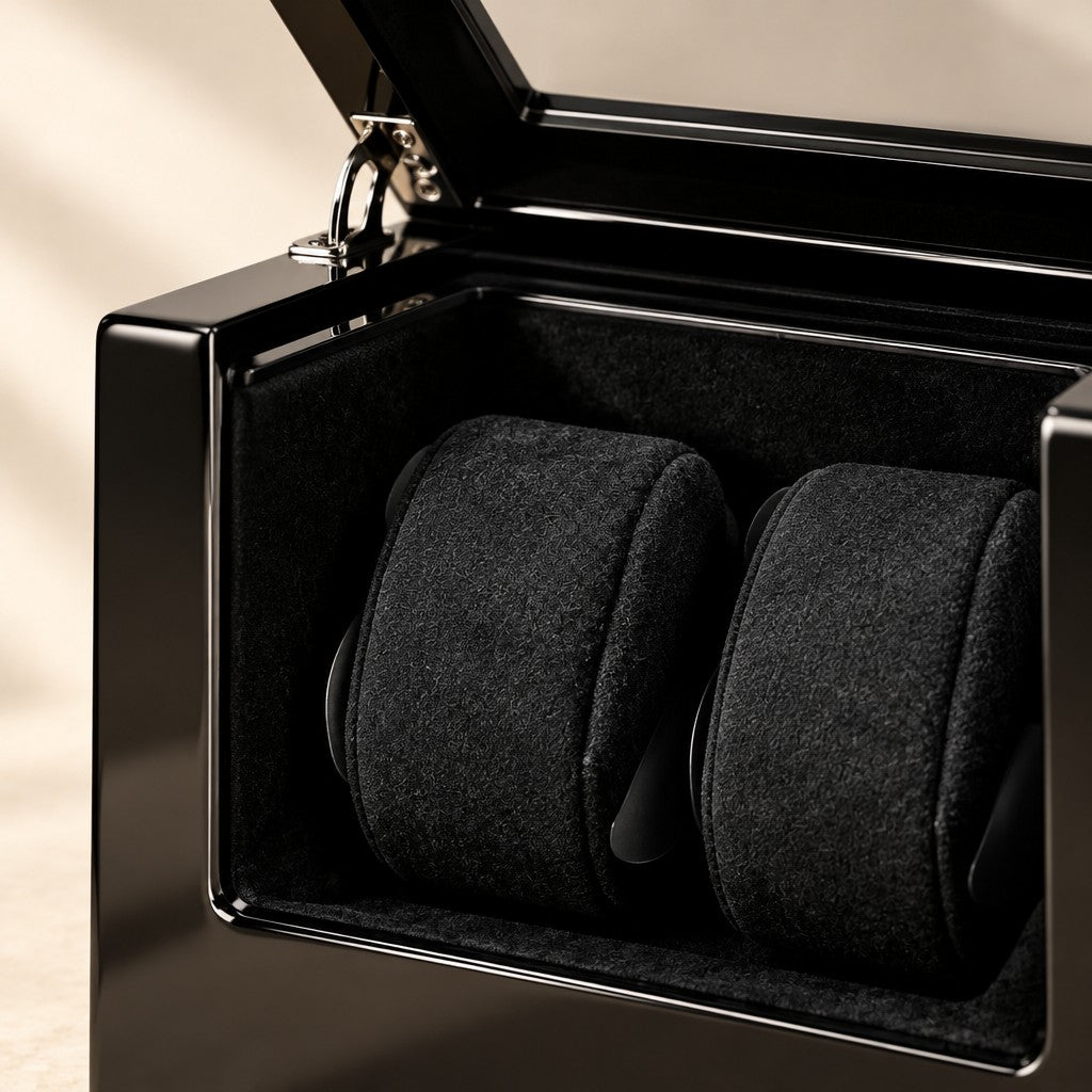 Close-up of the two cushioned black pillows and the lid hinge