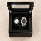 Top view of the open double watch winder with two watches of different sizes