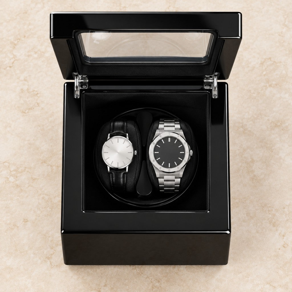 Top view of the open double watch winder with two watches of different sizes