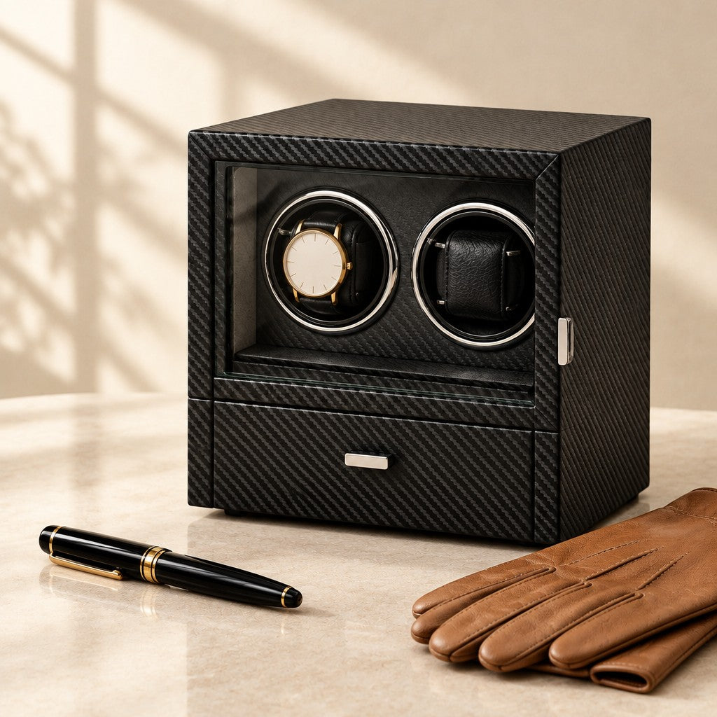 Double winder cabinet beside a fountain pen and leather gloves