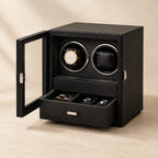 Carbon black double watch winder cabinet with jewelry drawer open