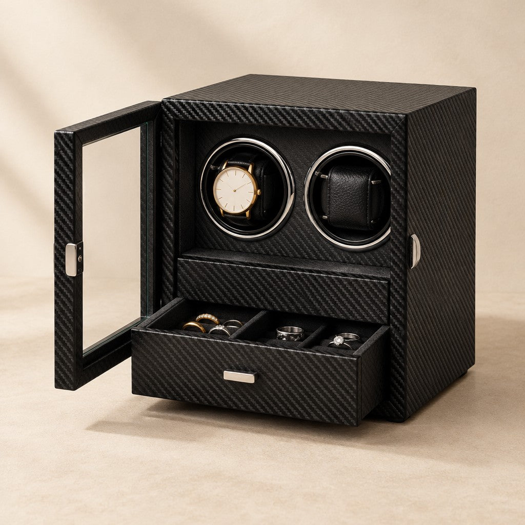 Carbon black double watch winder cabinet with jewelry drawer open