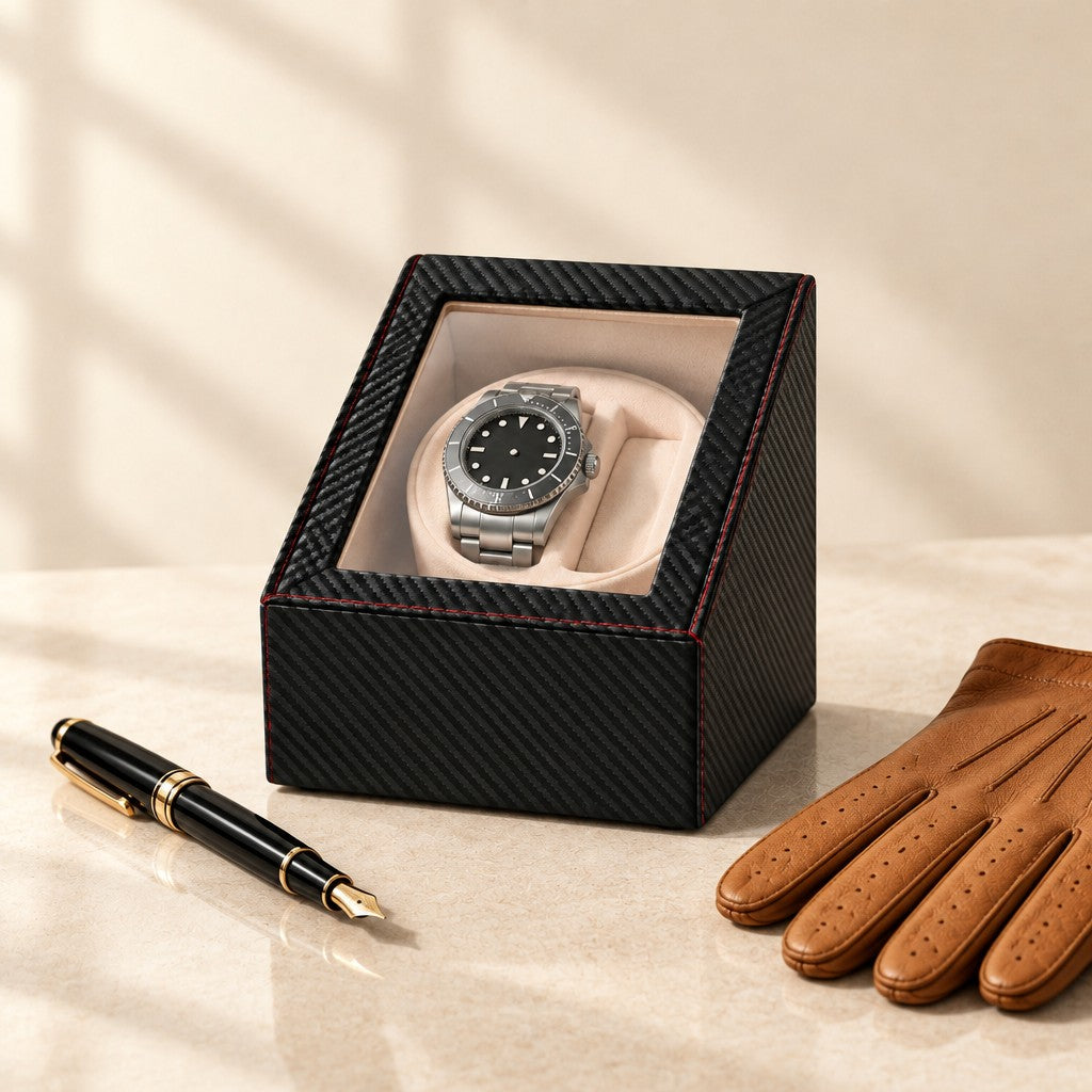 Carbon-fiber watch winder beside a fountain pen and leather gloves