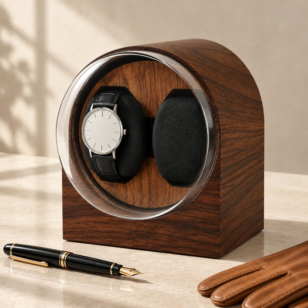 Dark wood-grain watch winder beside a fountain pen and leather gloves