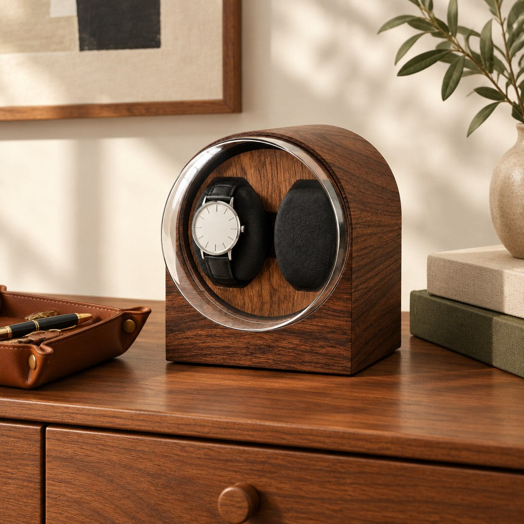 Double watch winder on a wooden chest of drawers, for scale