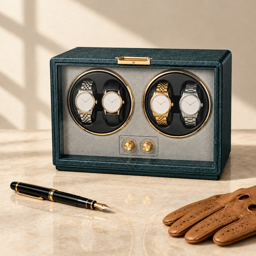 Dark green 4-watch winder closed, beside a fountain pen and leather gloves