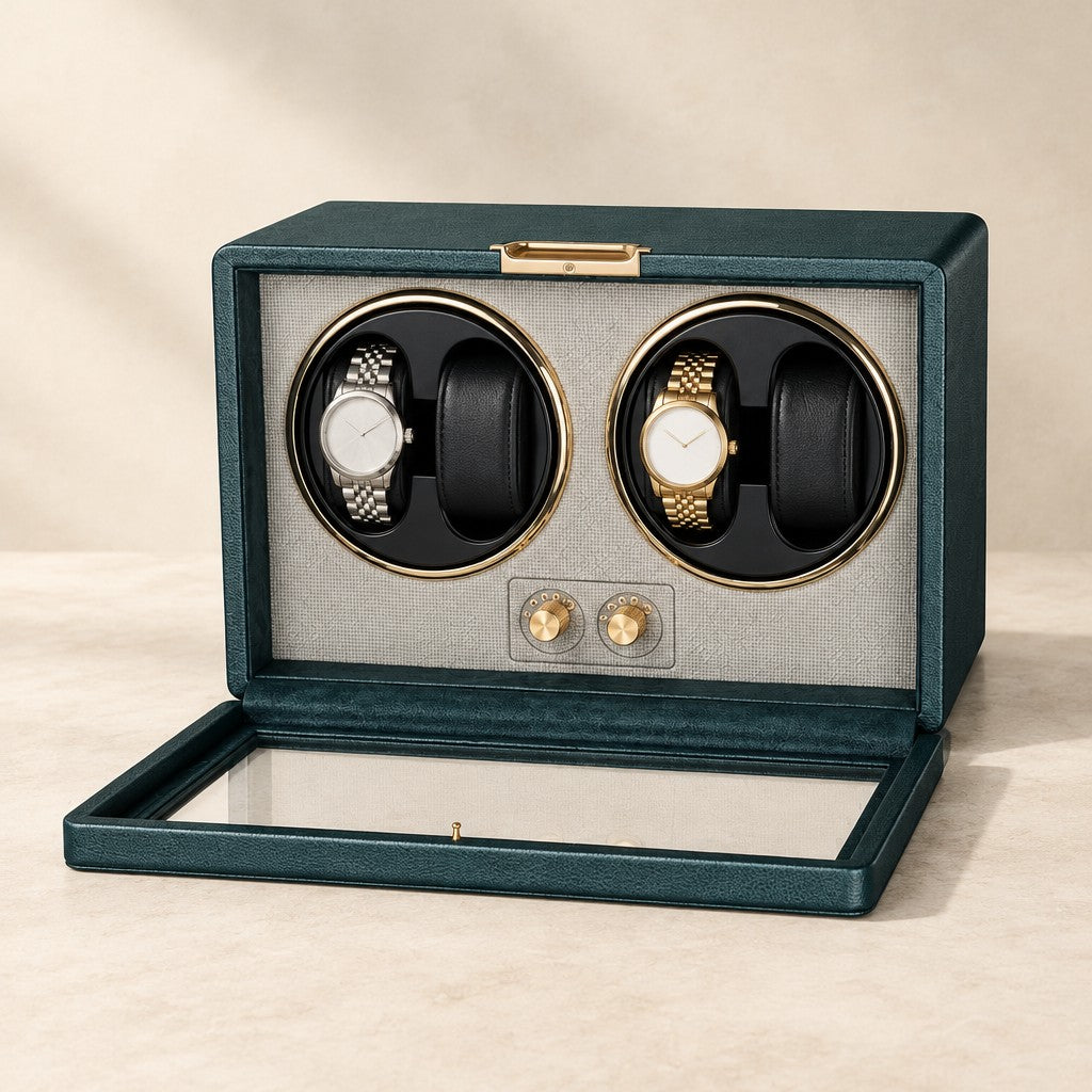 Dark green dual-rotor 4-watch winder with its glass lid open