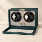 Dark green dual-rotor 4-watch winder with its glass lid open