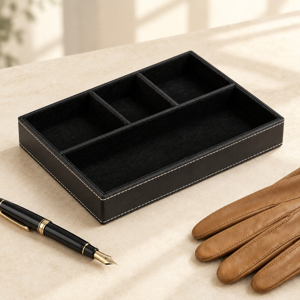Faux leather desk valet tray with 4 compartments, beside a fountain pen and leather gloves