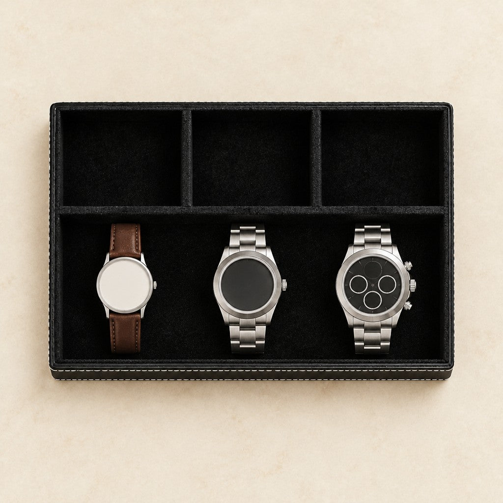 Faux leather desk valet tray with 4 compartments, from above, with watches of different sizes