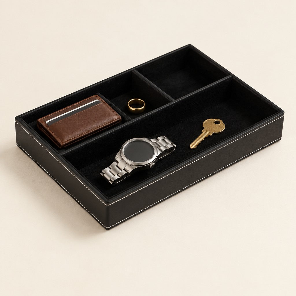 Faux leather desk valet tray with 4 compartments, three-quarter view