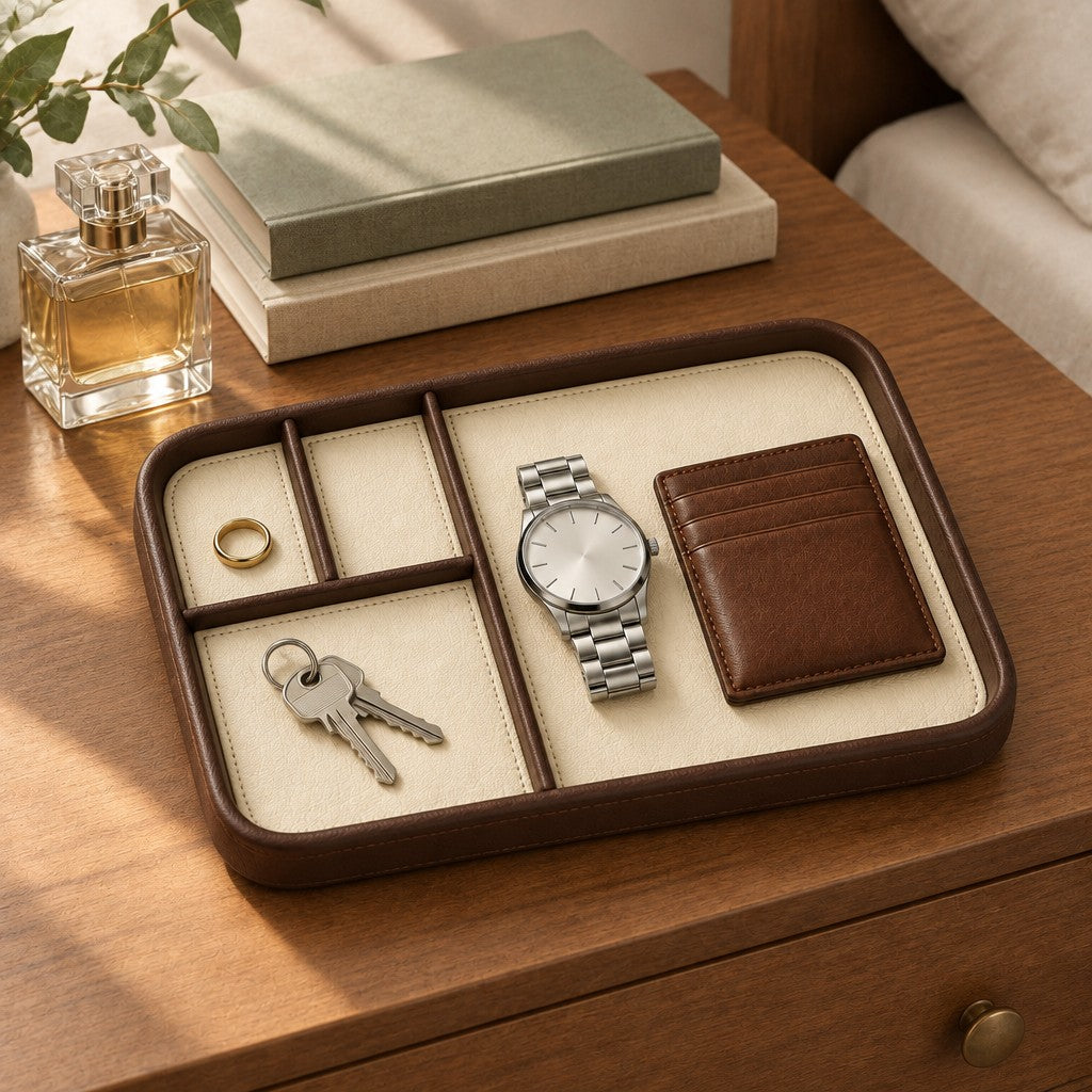 Faux leather valet tray with 4 compartments, on a chest of drawers, for scale