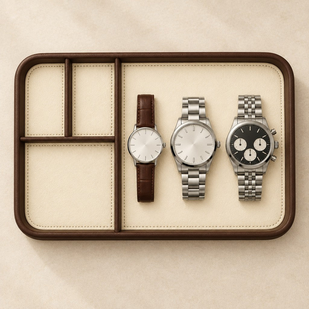 Faux leather valet tray with 4 compartments, from above, with watches of different sizes