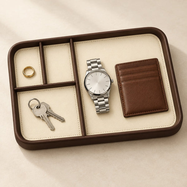 Faux Leather Valet Tray with 4 Compartments
