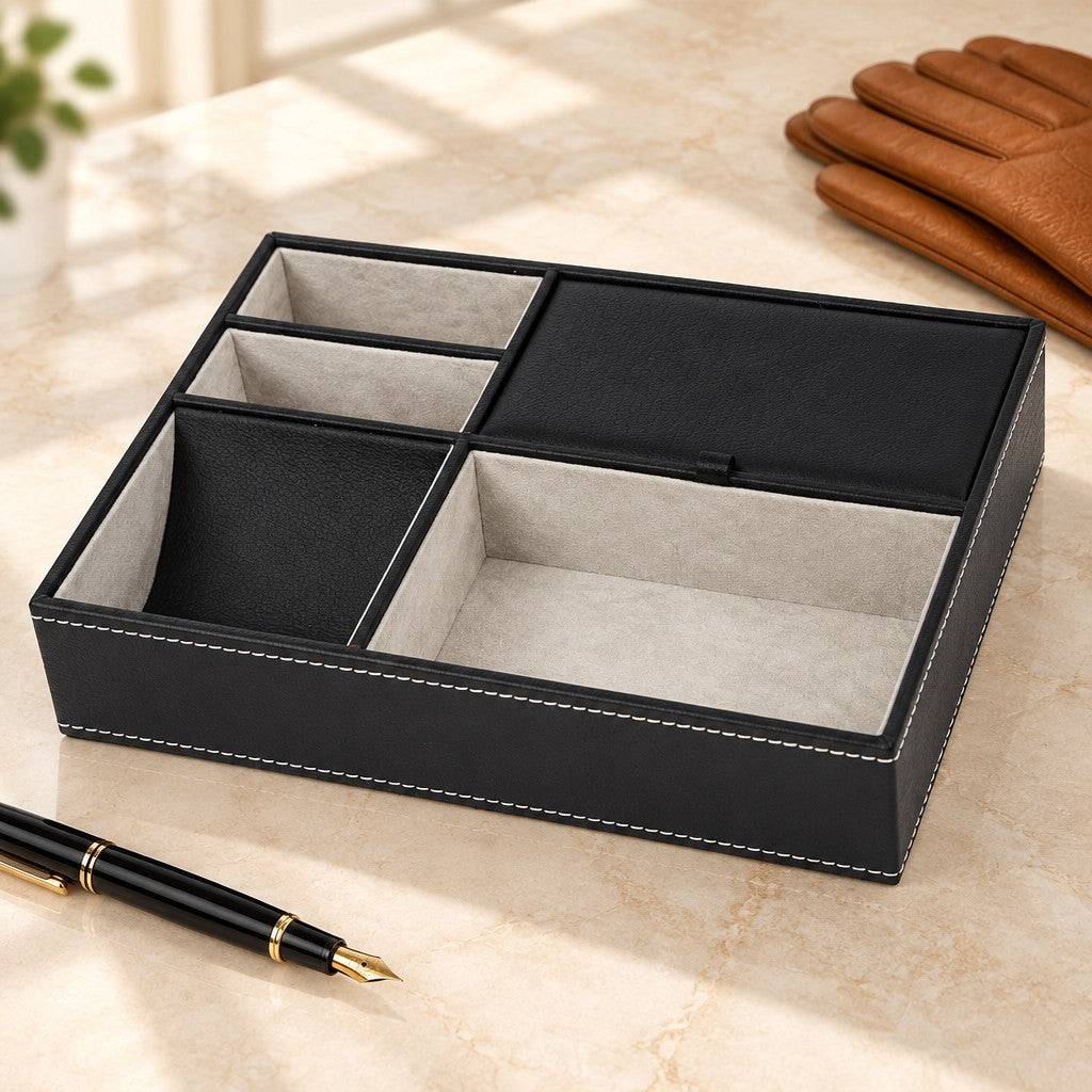 Black faux leather valet tray with 5 compartments, beside a fountain pen and leather gloves