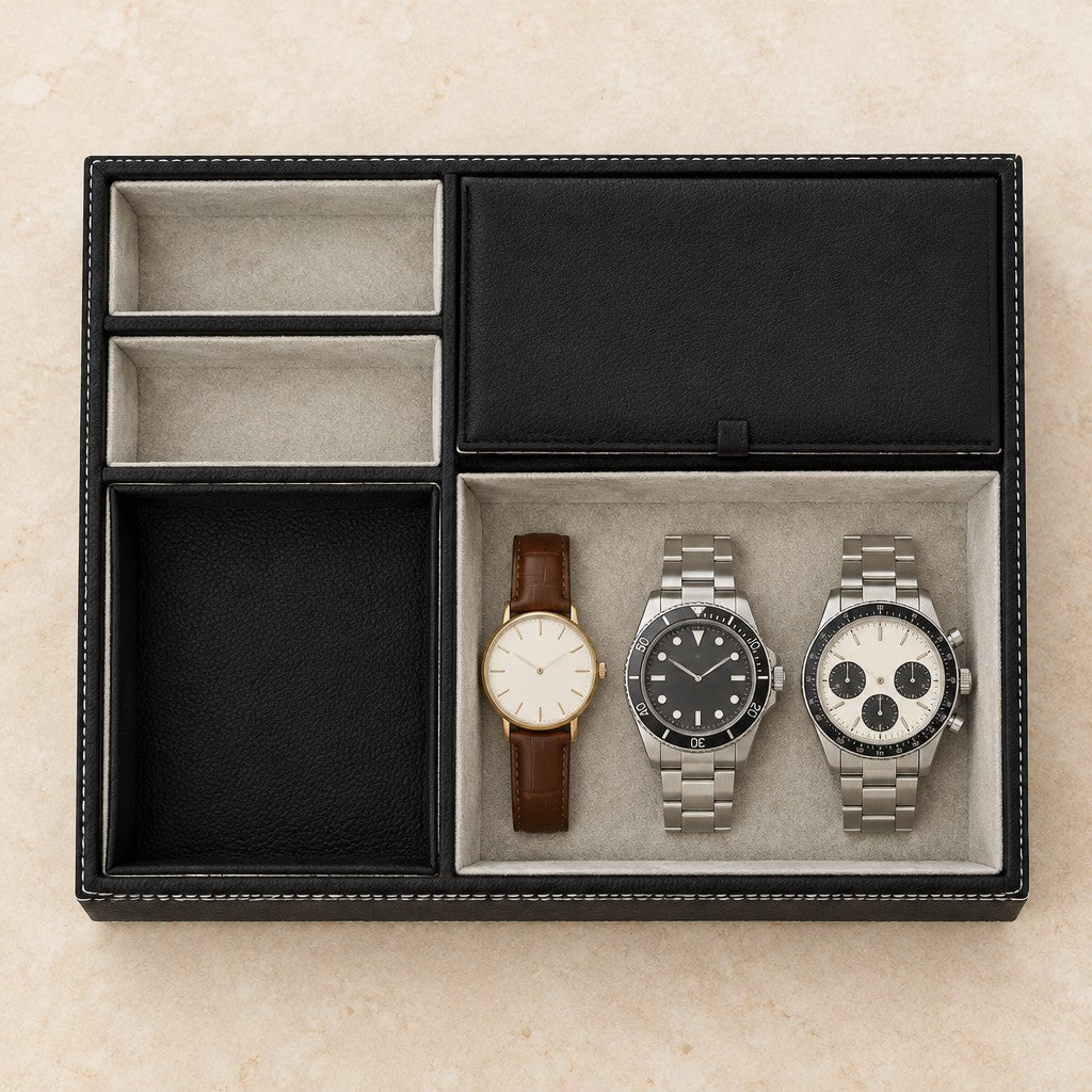 Black faux leather valet tray with 5 compartments, from above, with watches of different sizes