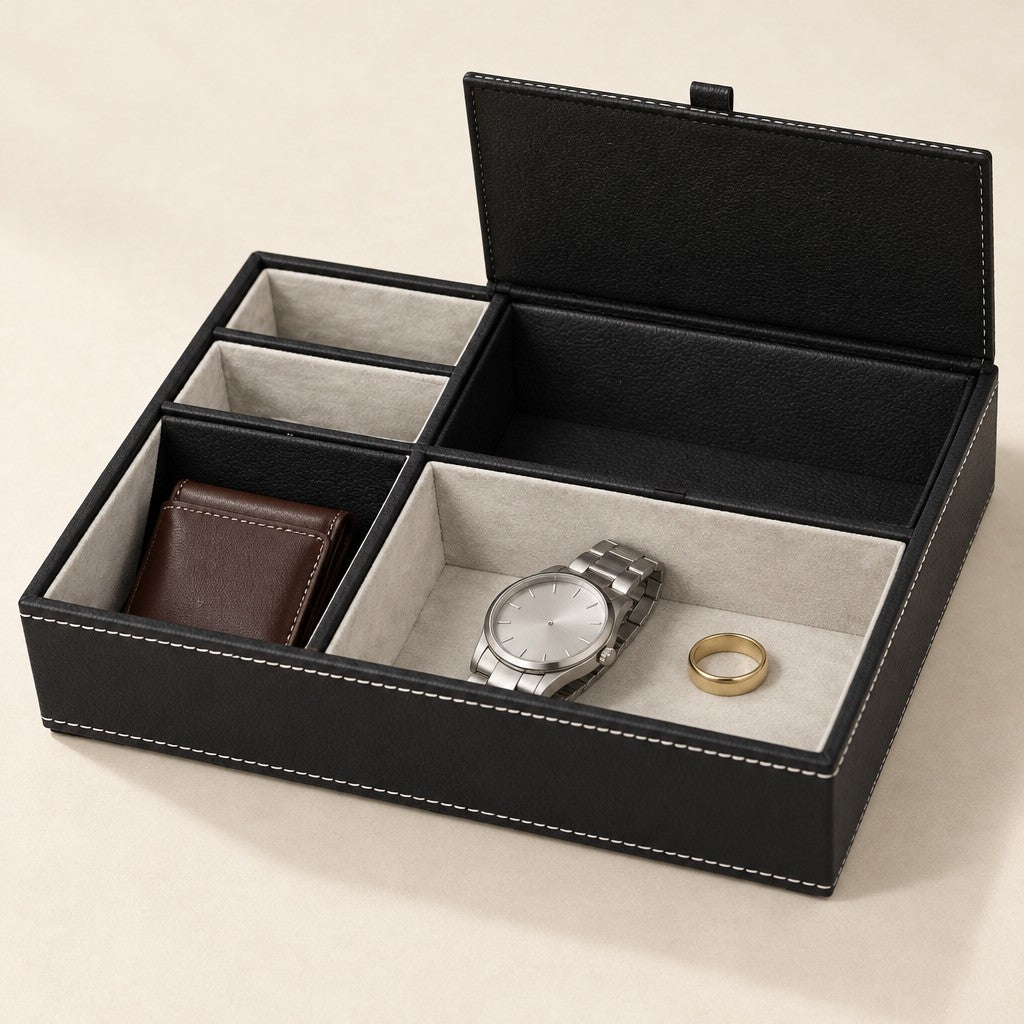 Black faux leather valet tray with 5 compartments, three-quarter view