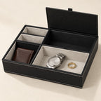 Black faux leather valet tray with 5 compartments, three-quarter view