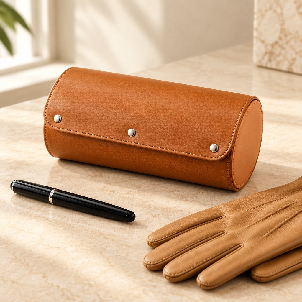 Brown faux leather watch roll closed, beside a fountain pen and leather gloves