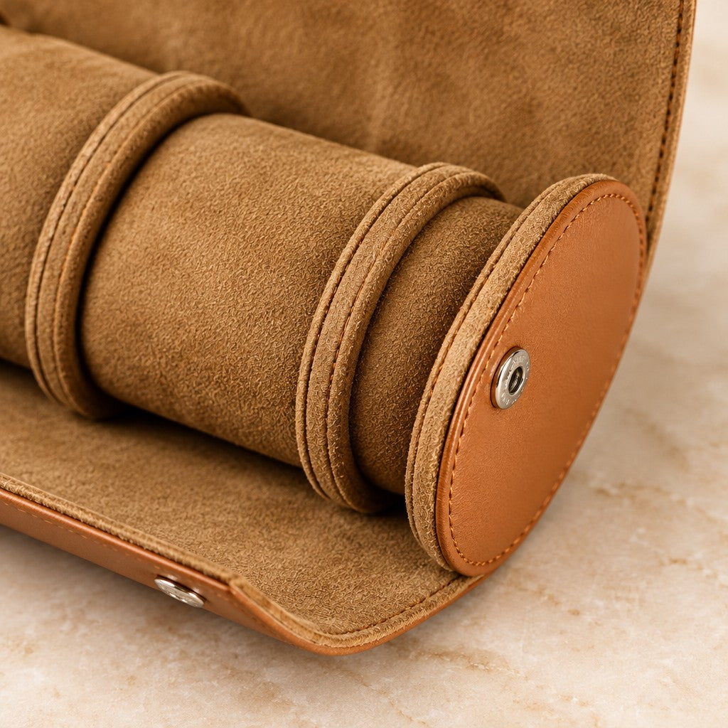 Close-up of the lining and snap of the faux leather watch roll
