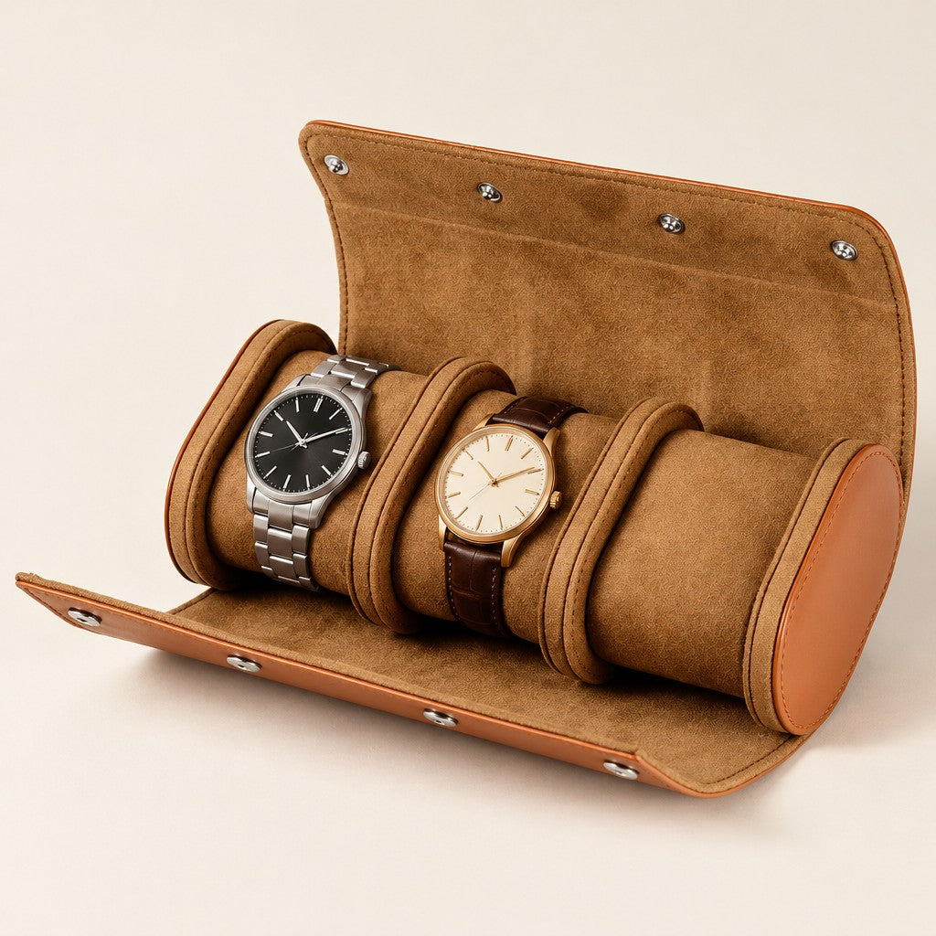 Brown 3-slot faux leather watch roll open with two watches