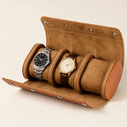 Brown 3-slot faux leather watch roll open with two watches