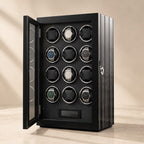 12-watch winder cabinet with black and white burl sides, glass door open