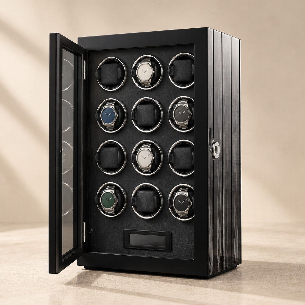 12-watch winder cabinet with black and white burl sides, glass door open
