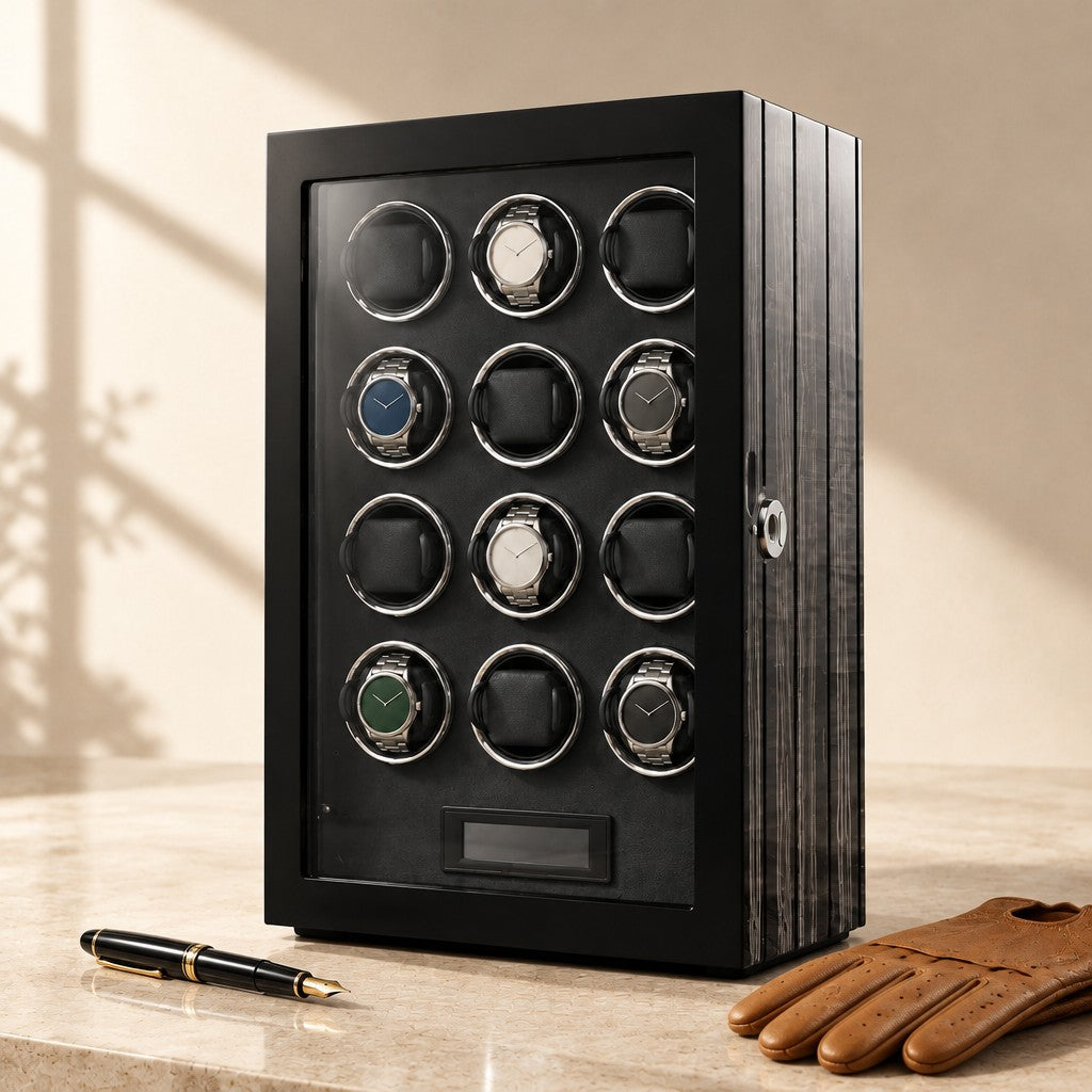 12-watch winder cabinet closed, beside a fountain pen and leather gloves