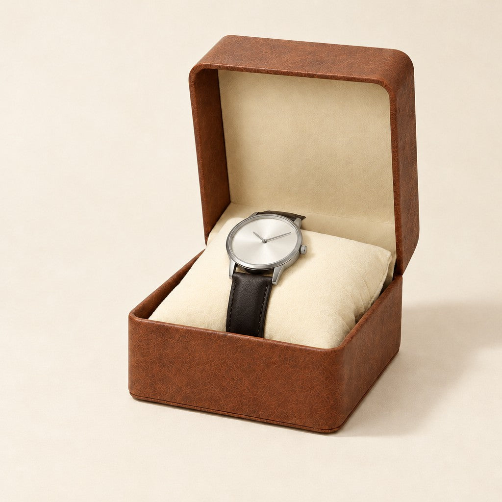 Flip-top single watch box in brown faux leather with a cream interior, open with one watch