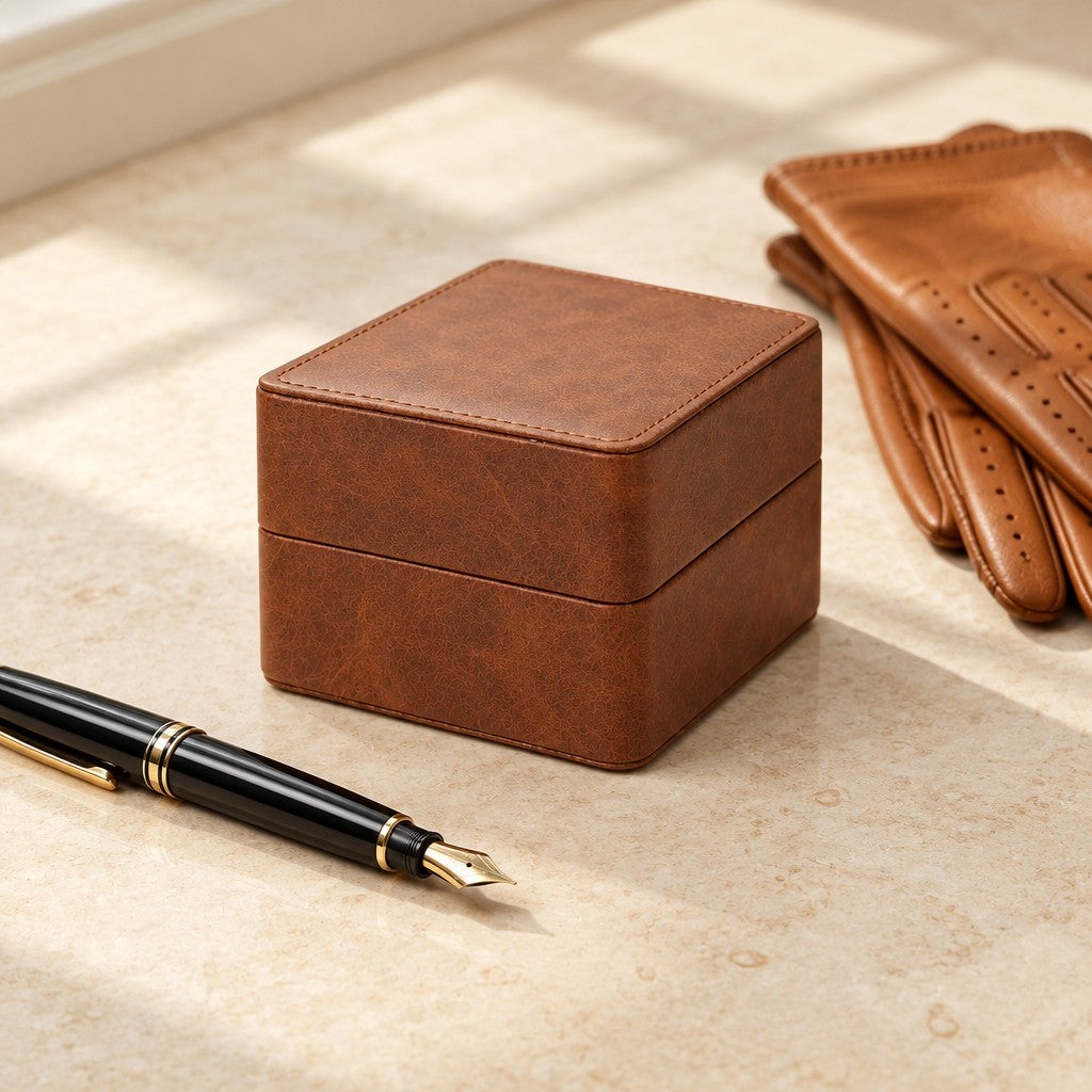 Brown flip-top watch box closed, beside a fountain pen and leather gloves
