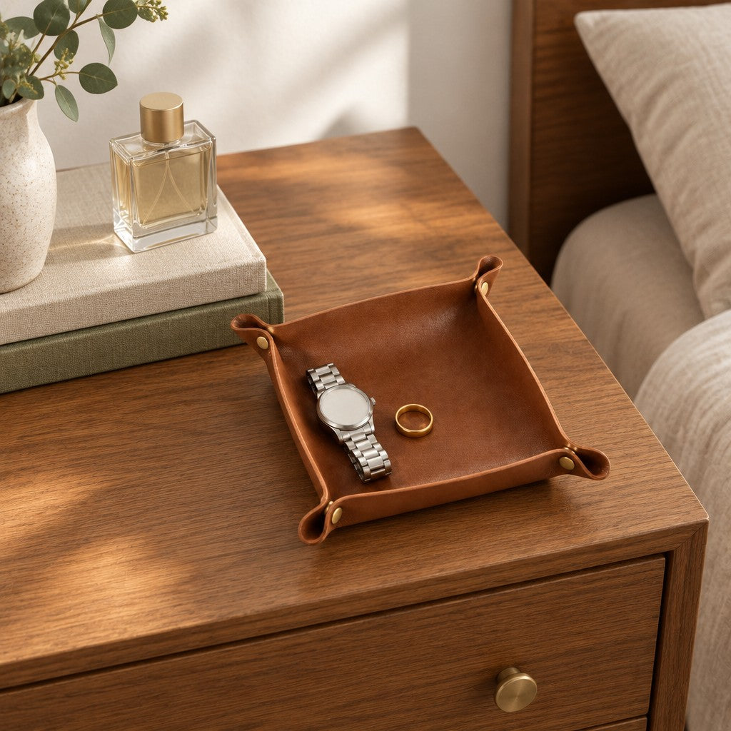 Foldable leather valet tray on a bedside chest of drawers, for scale