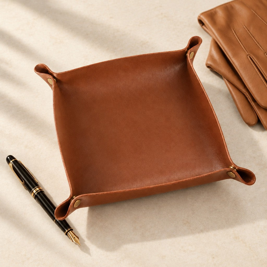 Empty brown foldable valet tray beside a fountain pen and leather gloves