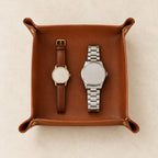 Top view of the foldable valet tray with a 36 mm and a 40 mm watch