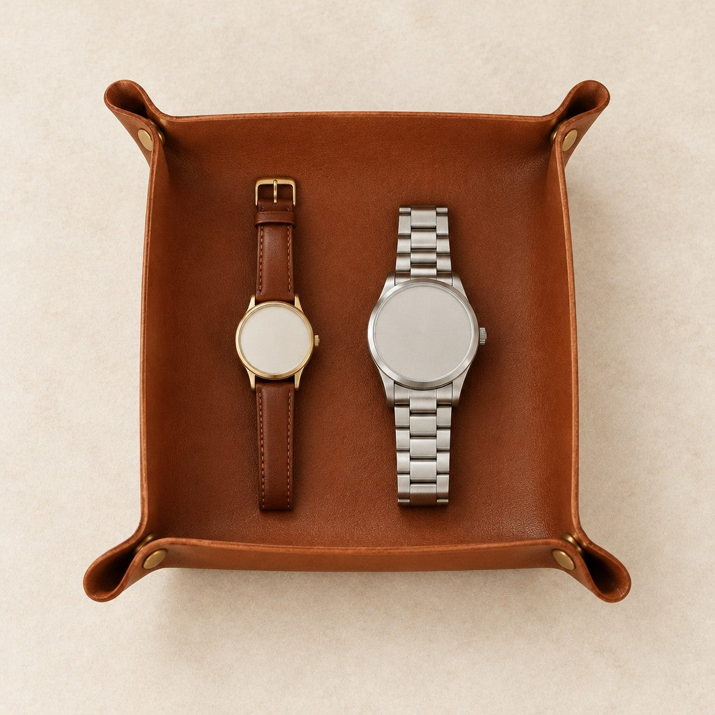Top view of the foldable valet tray with a 36 mm and a 40 mm watch