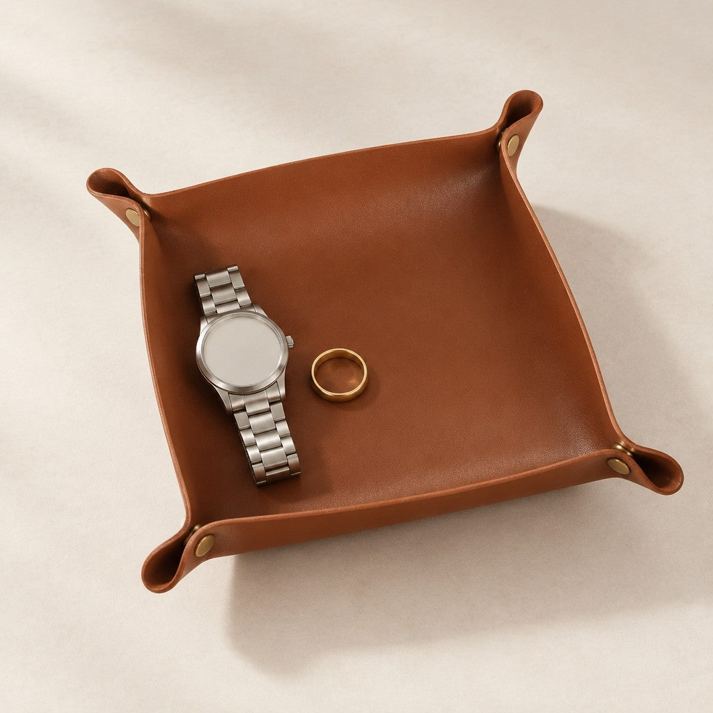 Brown foldable leather valet tray with brass snap corners, holding a watch and a ring