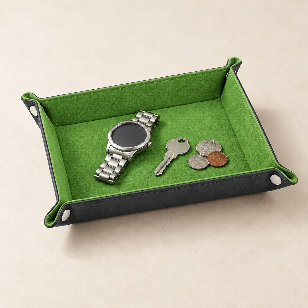 Foldable valet tray in bright green, three-quarter view