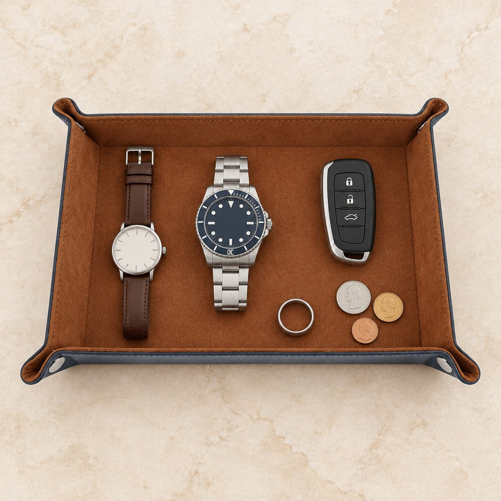 Foldable valet tray with watches of different sizes