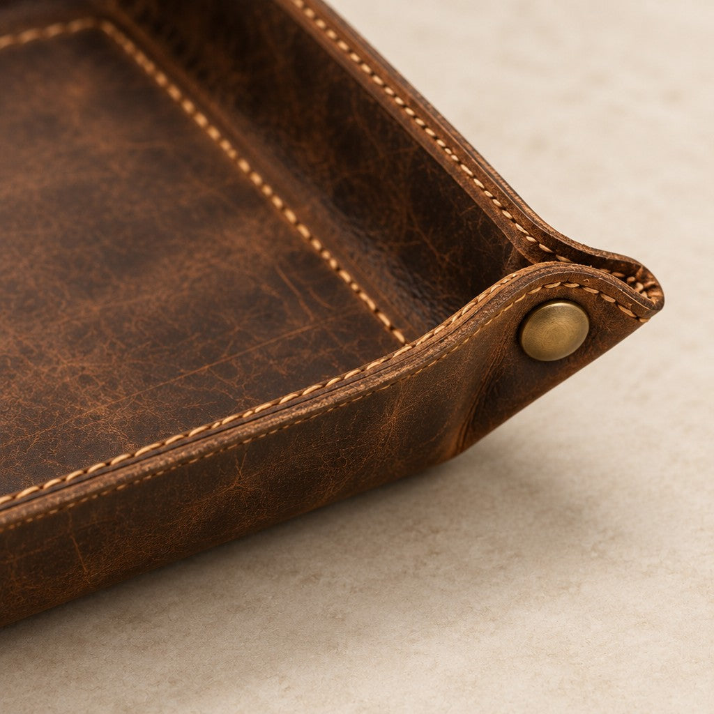 Close-up of the distressed cowhide leather, stitching and brass snap button